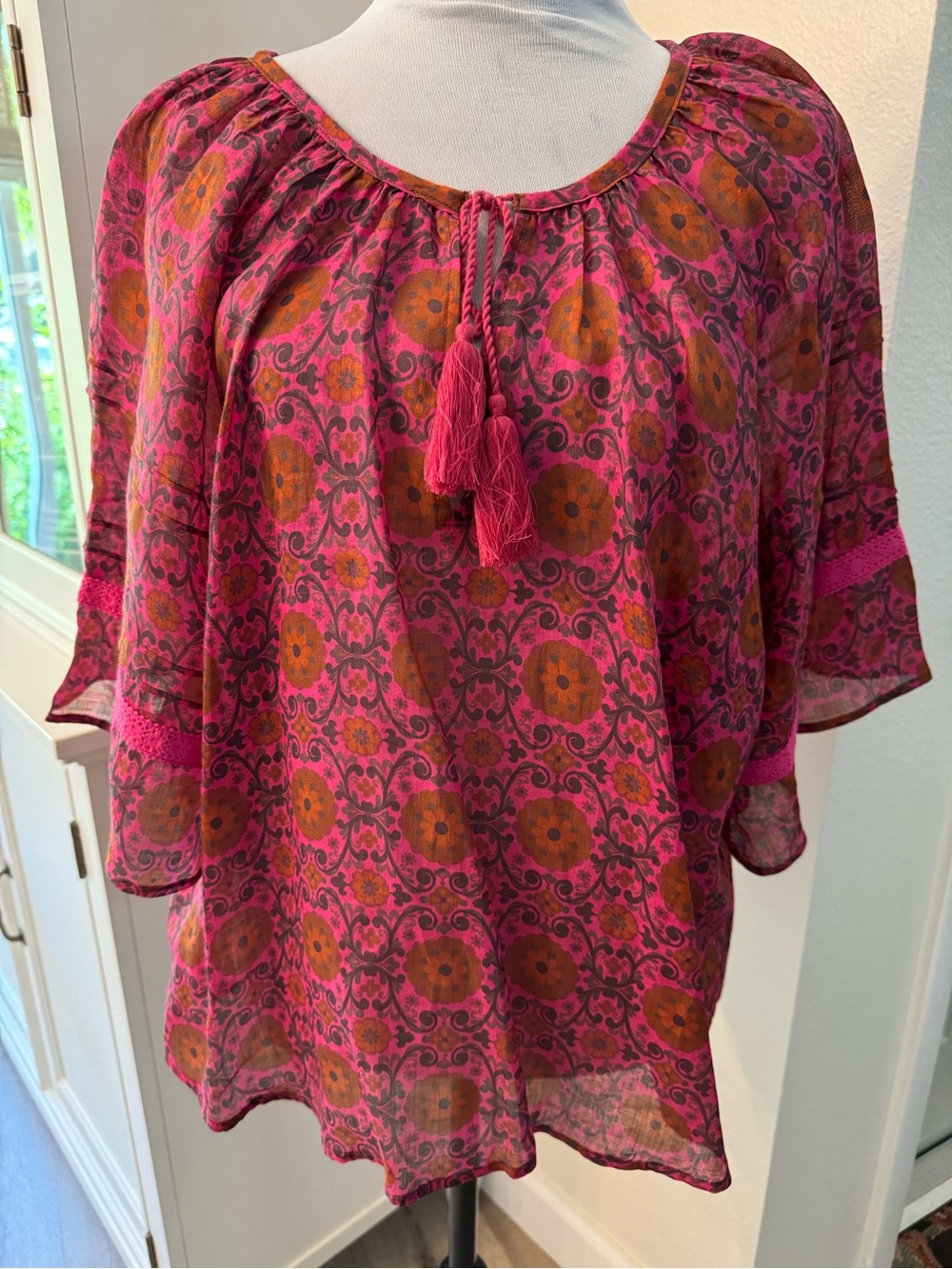 The Odells Women’s Pink & Brown Printed Boho Peasant Top NWOT